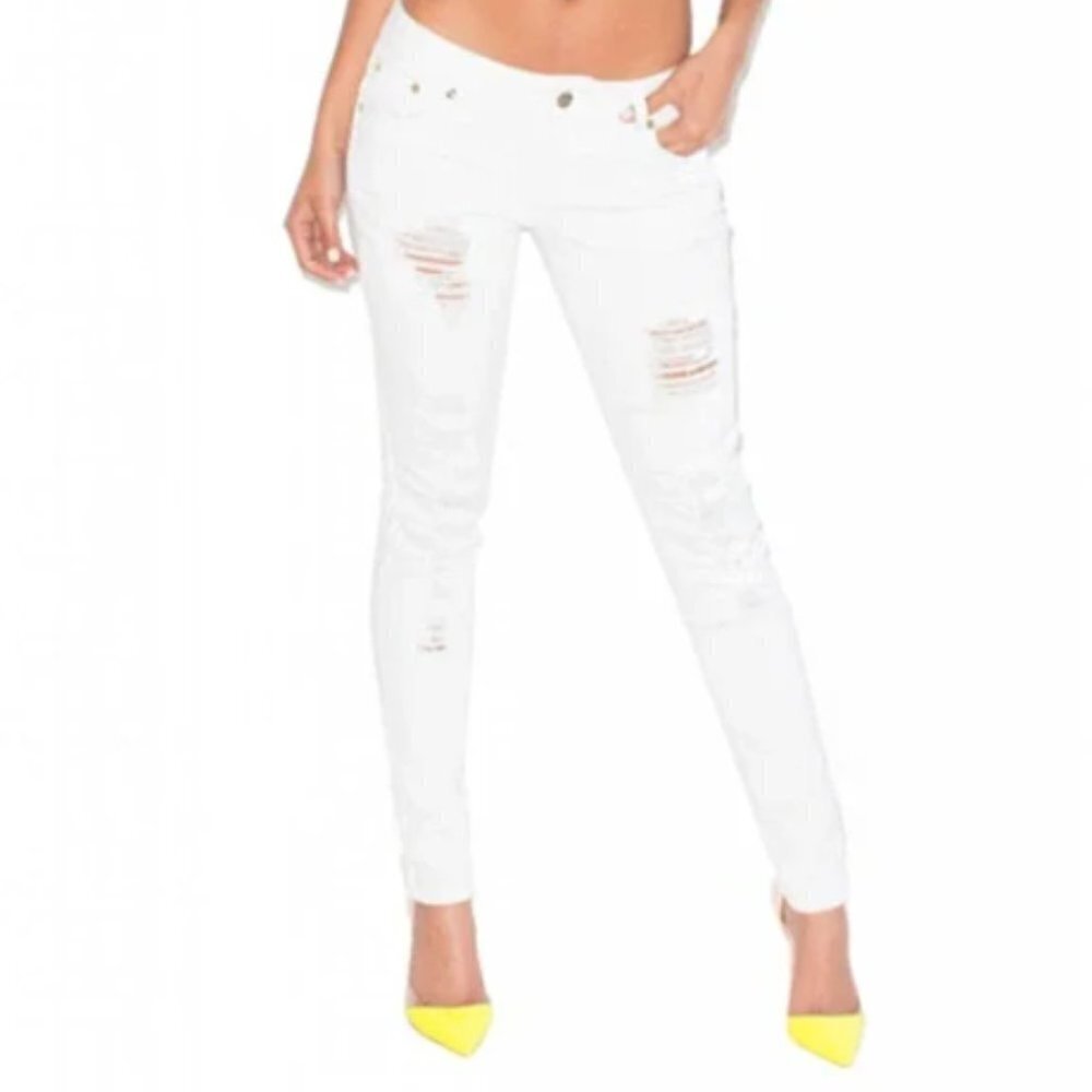House Of Cb Siren Distressed Low Rise Skinny Jeans In White Sz L / 32